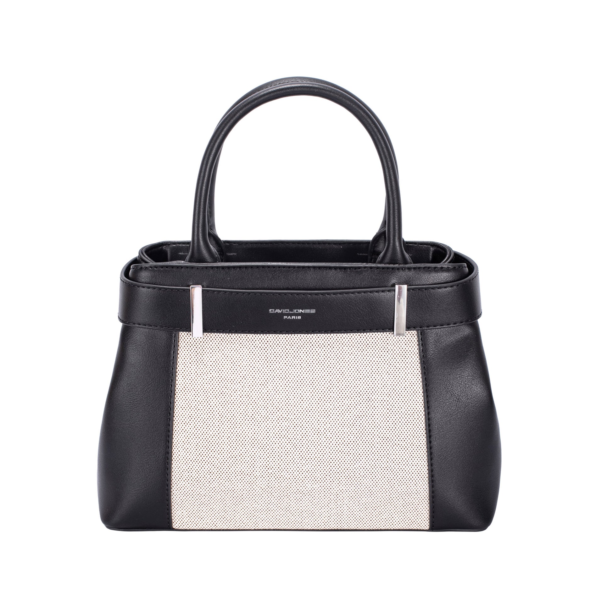 David Jones Satchel Handbag in black and white faux leather with dual handles and a textured front panel.