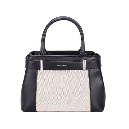 David Jones Satchel Handbag in black and white faux leather with dual handles and a textured front panel.