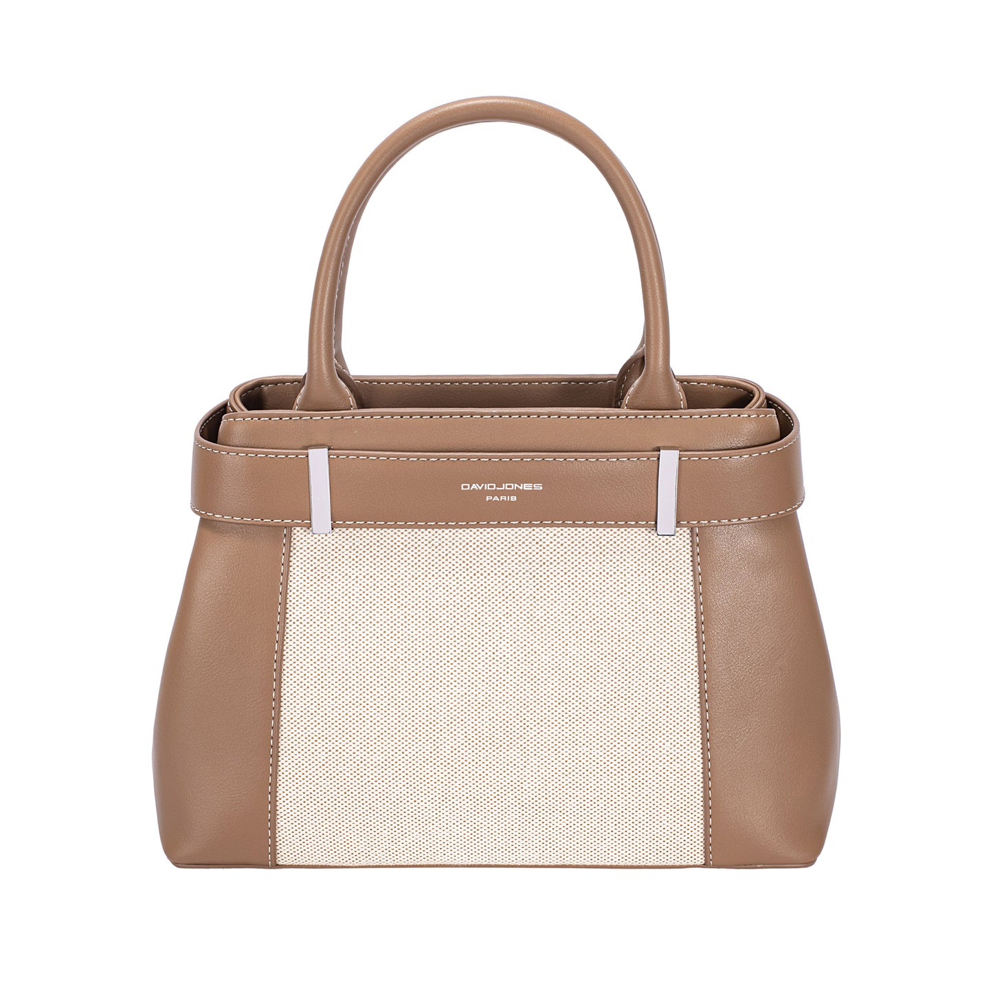 David Jones Satchel Handbag in tan and cream with short handles and minimalist design, front view.