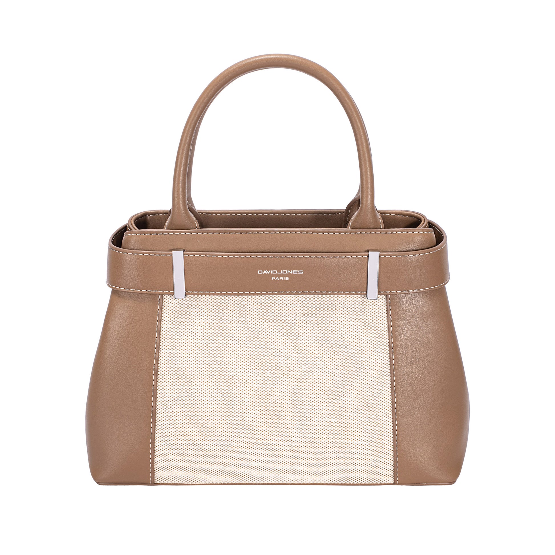 David Jones Satchel Handbag in tan and cream with short handles and minimalist design, front view.
