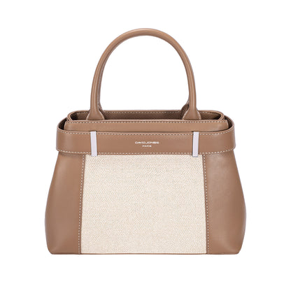David Jones Satchel Handbag in tan and cream with short handles and minimalist design, front view.