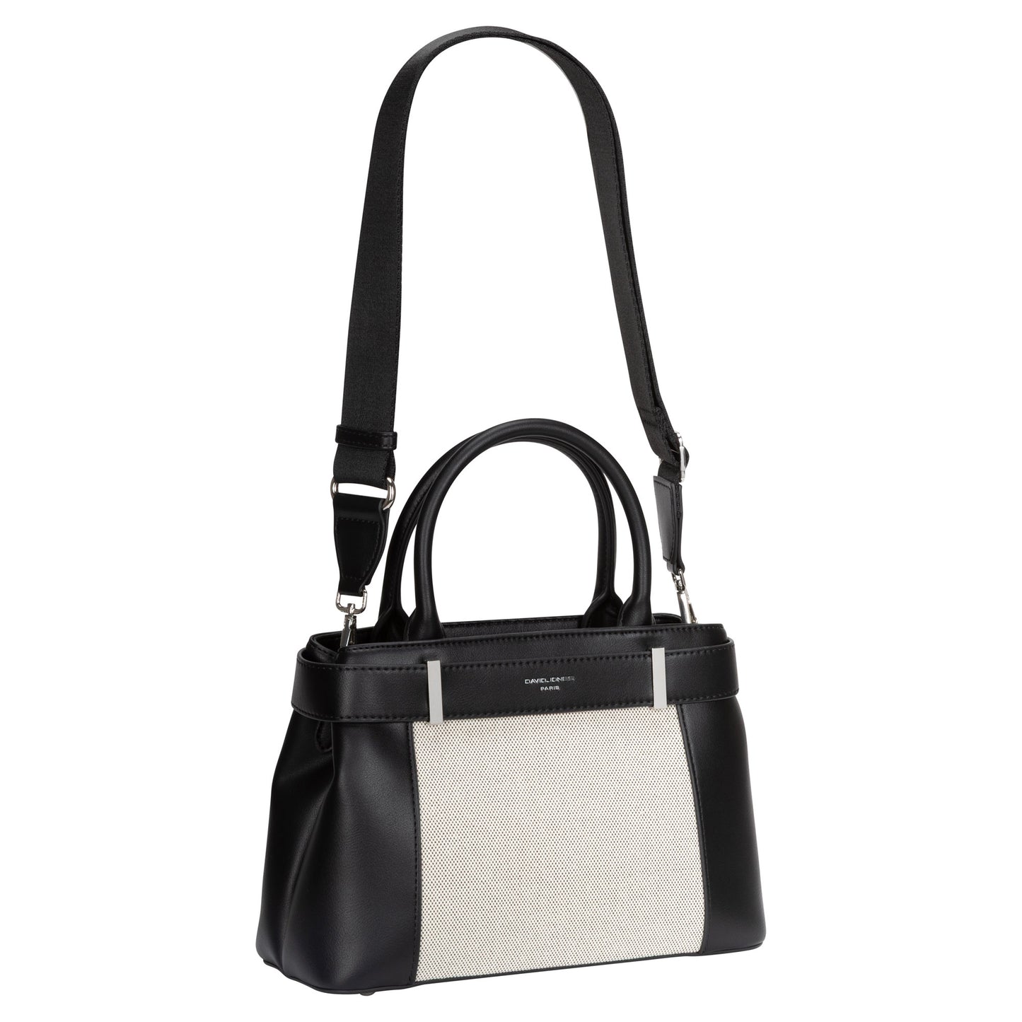 David Jones Satchel Handbag: Black faux leather with double handles, shoulder strap, and beige front panel.