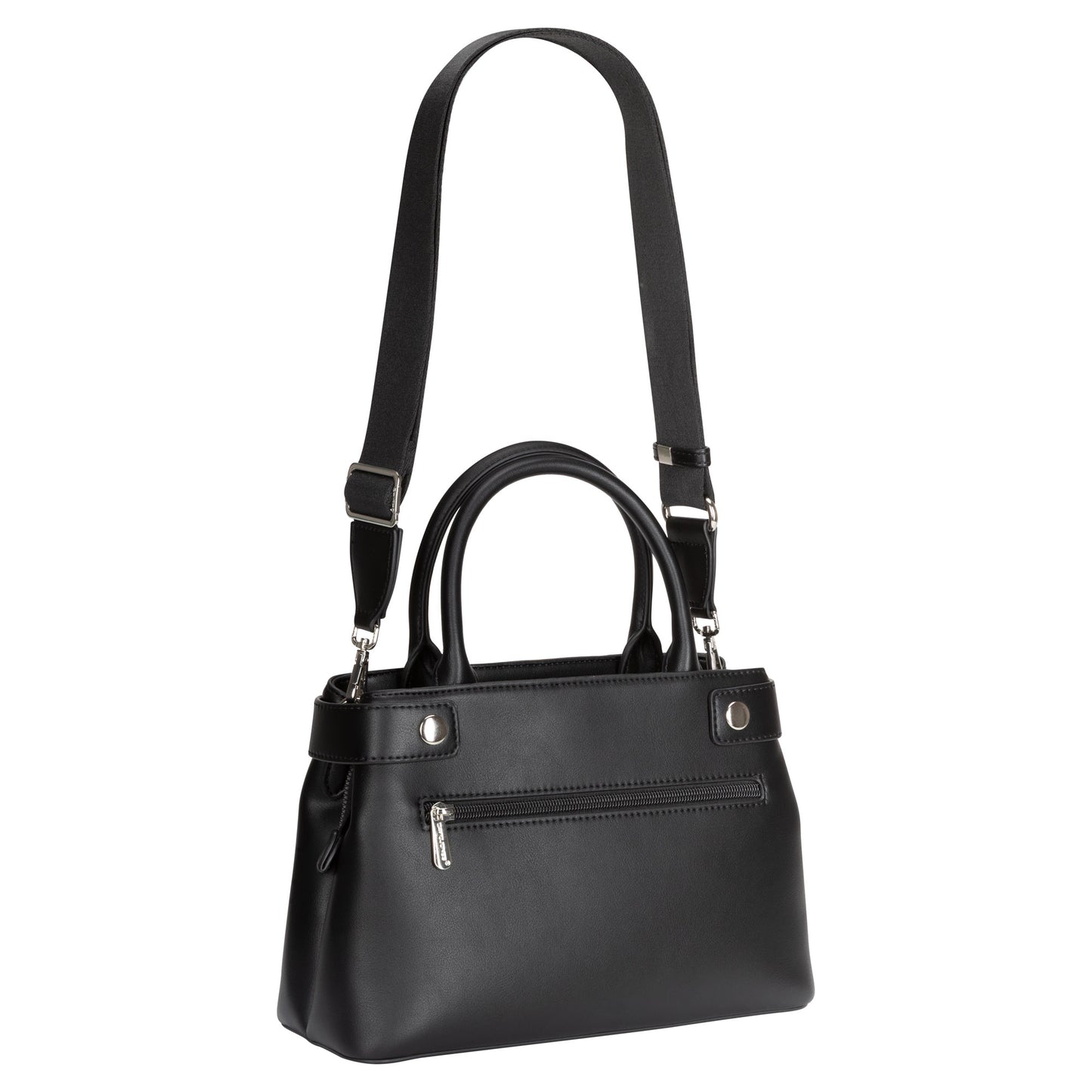 David Jones Satchel Handbag: black with silver zipper, dual handles, and adjustable crossbody strap.