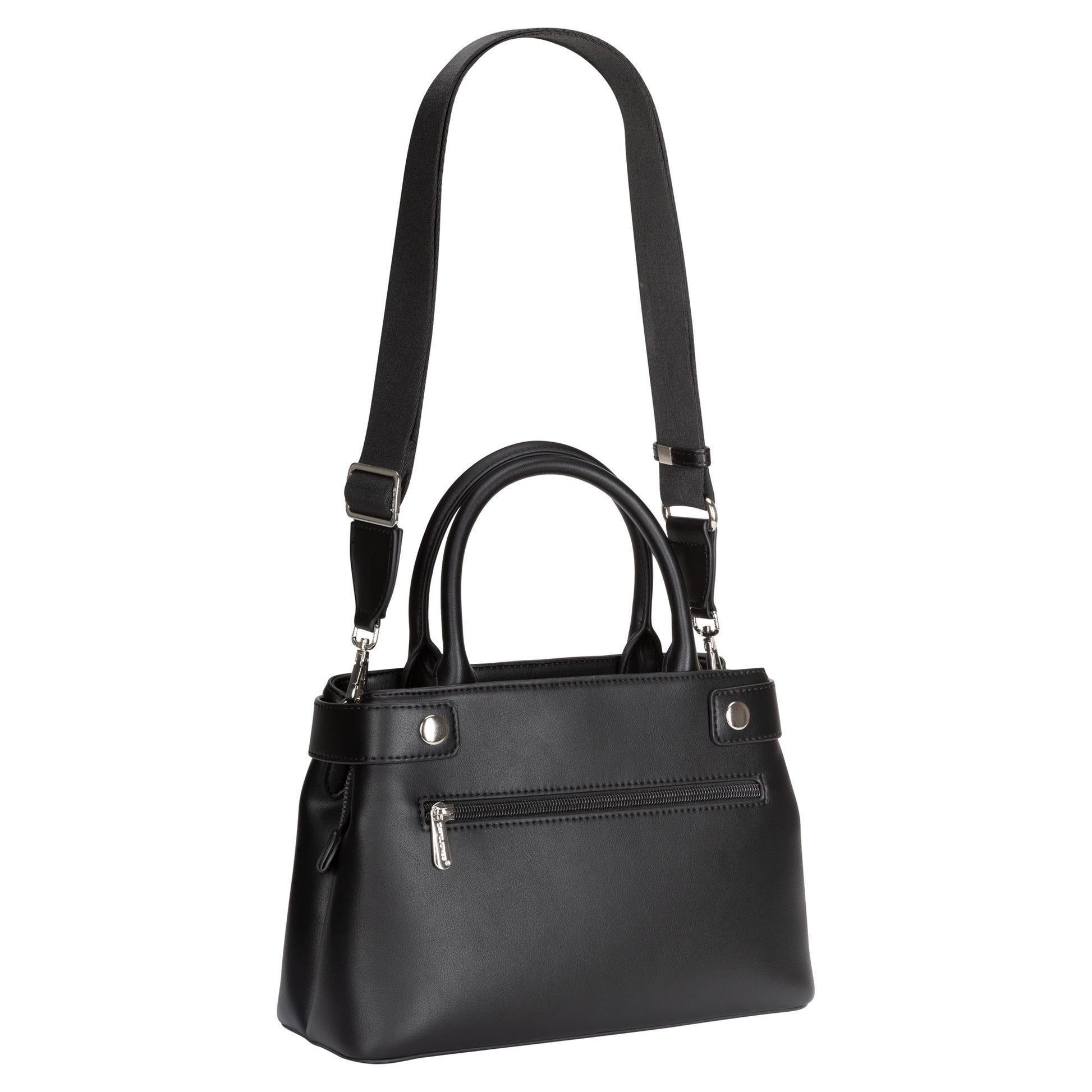 David Jones Satchel Handbag: black with silver zipper, dual handles, and adjustable crossbody strap.