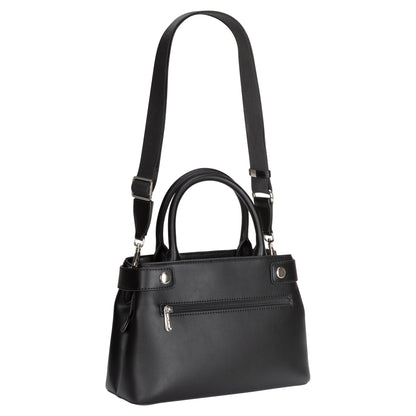 David Jones Satchel Handbag: black with silver zipper, dual handles, and adjustable crossbody strap.