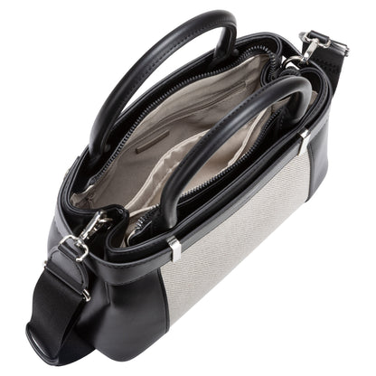 Top view of David Jones Satchel Handbag in black and white faux leather with double handles and shoulder strap.