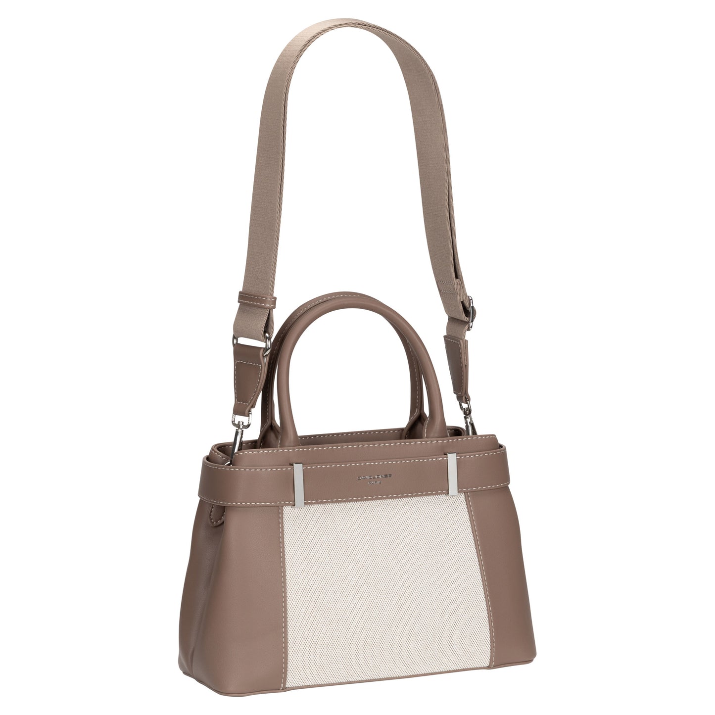 David Jones Satchel Handbag in taupe and cream faux leather with top handles, strap, and silver hardware.