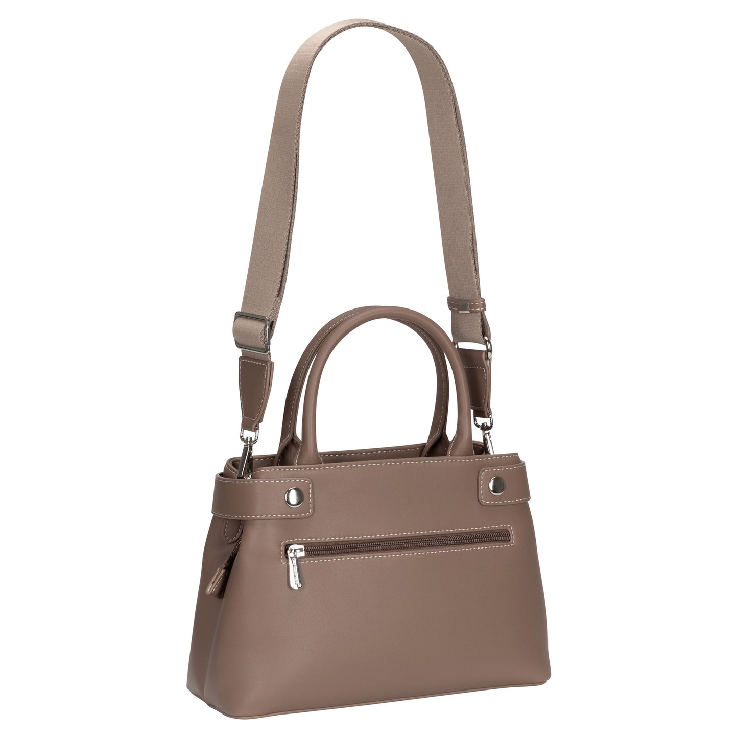 David Jones Satchel Handbag in taupe with double handles, adjustable strap, and front zipper pocket.
