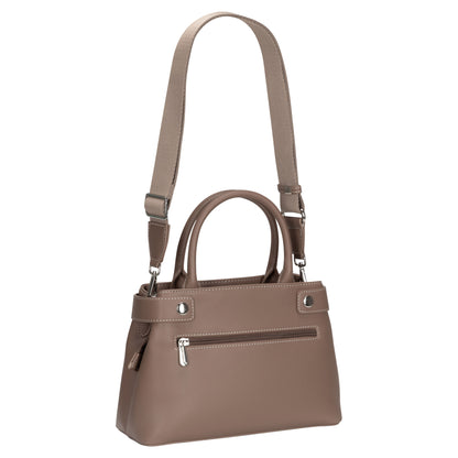 David Jones Satchel Handbag in taupe with double handles, adjustable strap, and front zipper pocket.