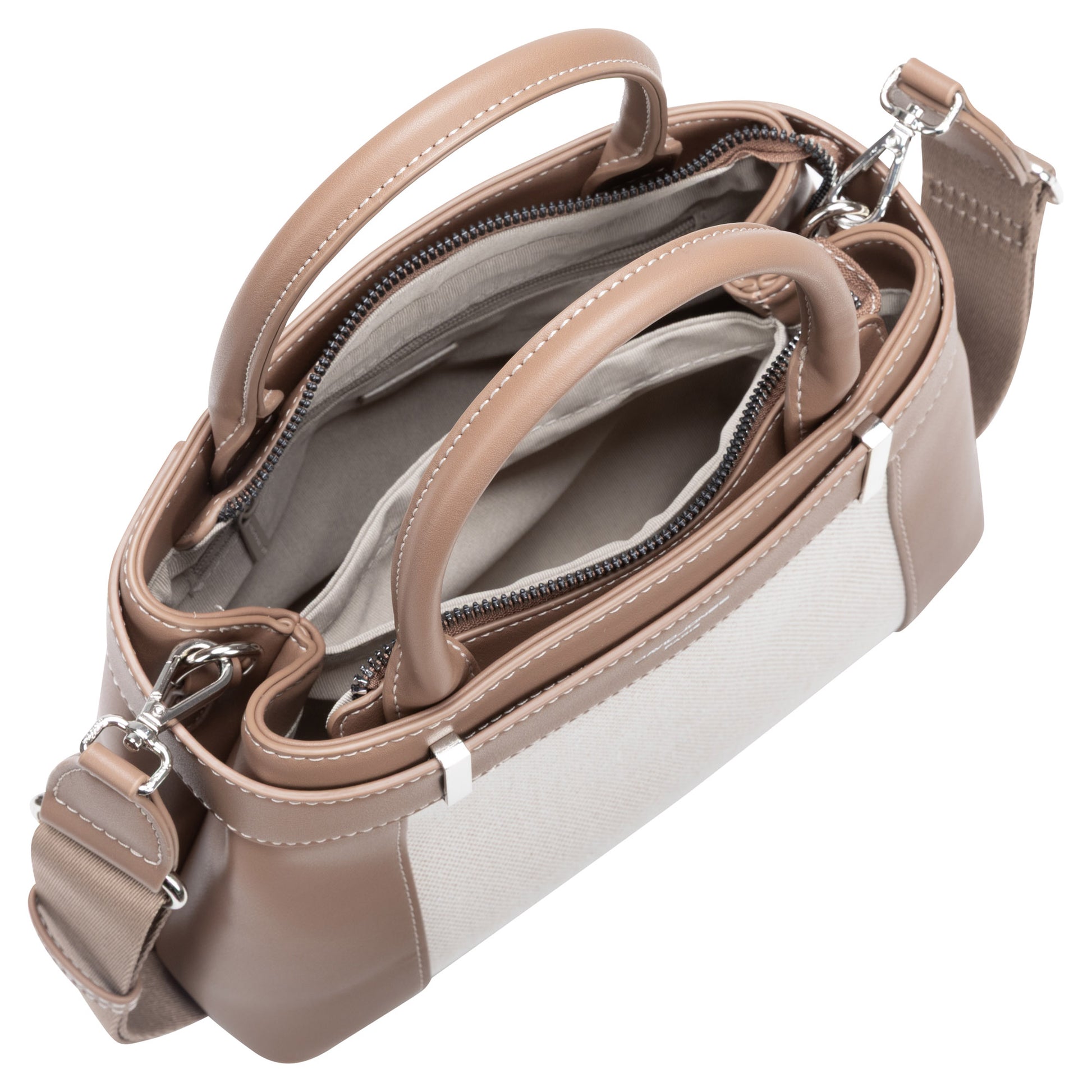 David Jones Satchel Handbag in beige and tan with double handles, shoulder strap, and zippered compartments.