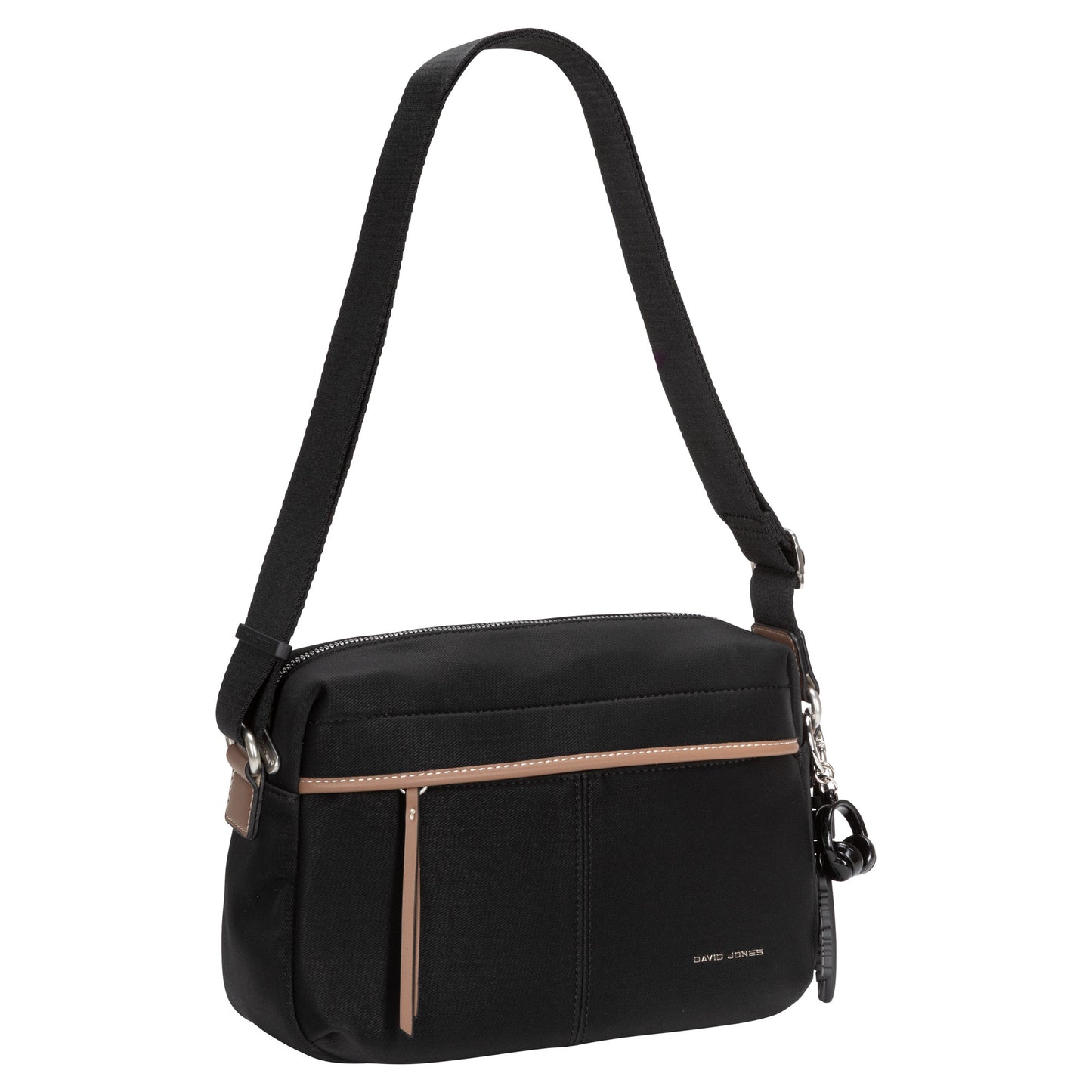 David Jones Top Zip Shoulder Bag with zippered main compartment, front pocket, and adjustable strap.