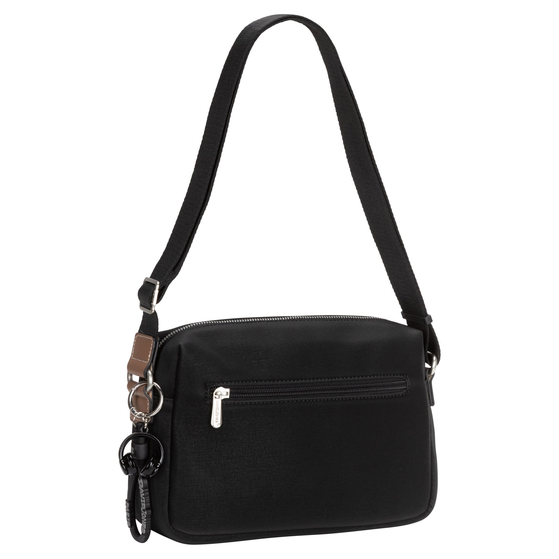 David Jones Top Zip Shoulder Bag features a front zipper pocket and keychain accessories on the strap.