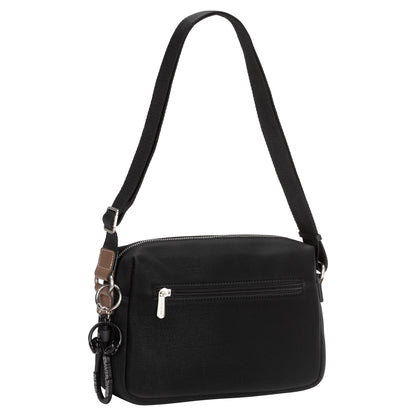 David Jones Top Zip Shoulder Bag features a front zipper pocket and keychain accessories on the strap.