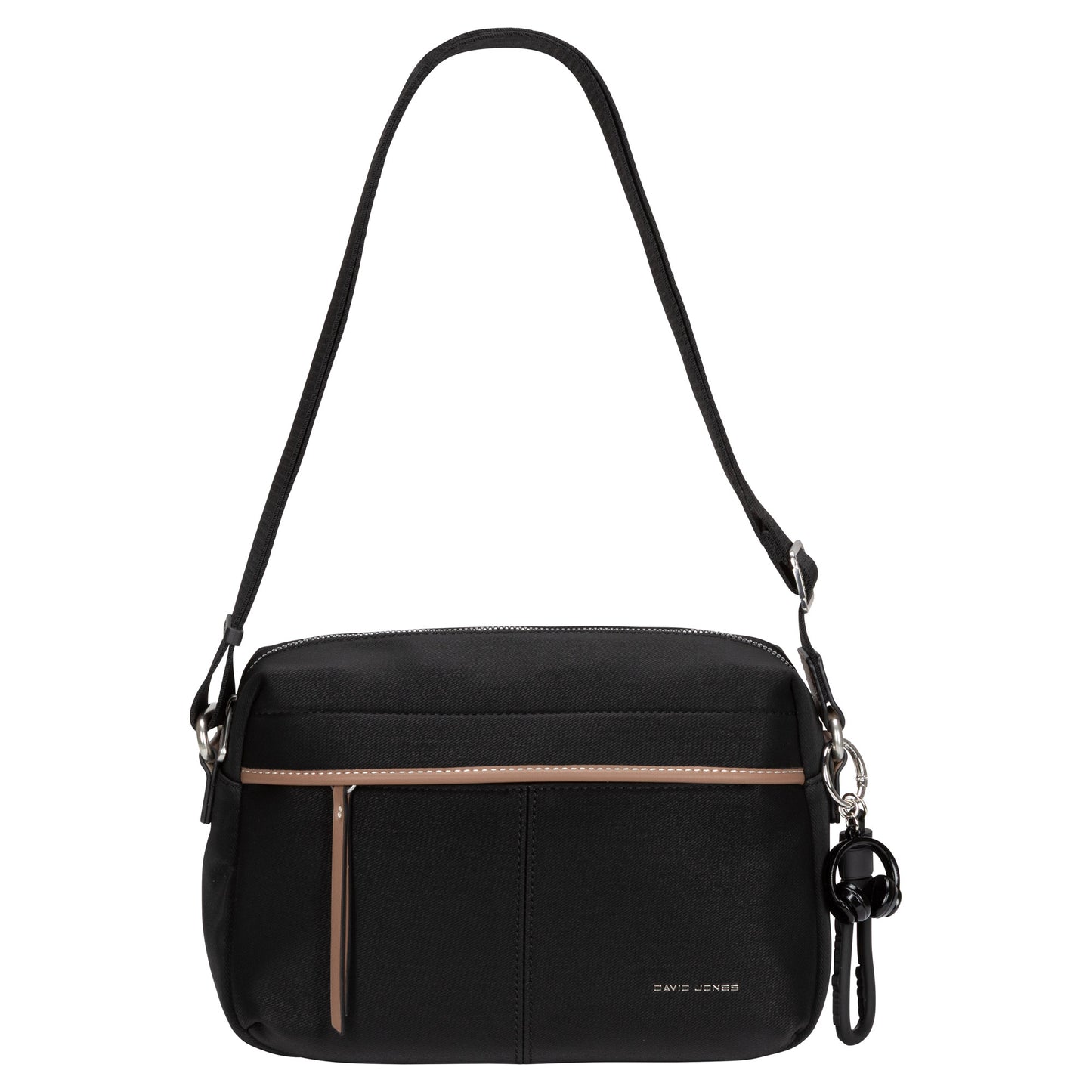 David Jones Top Zip Shoulder Bag—front zipper pocket, tan accent stripe, and small black keychain.