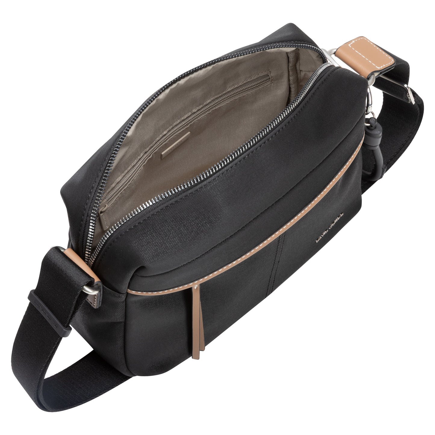 David Jones Top Zip Shoulder Bag features a zippered main compartment, inner pocket, and adjustable strap.