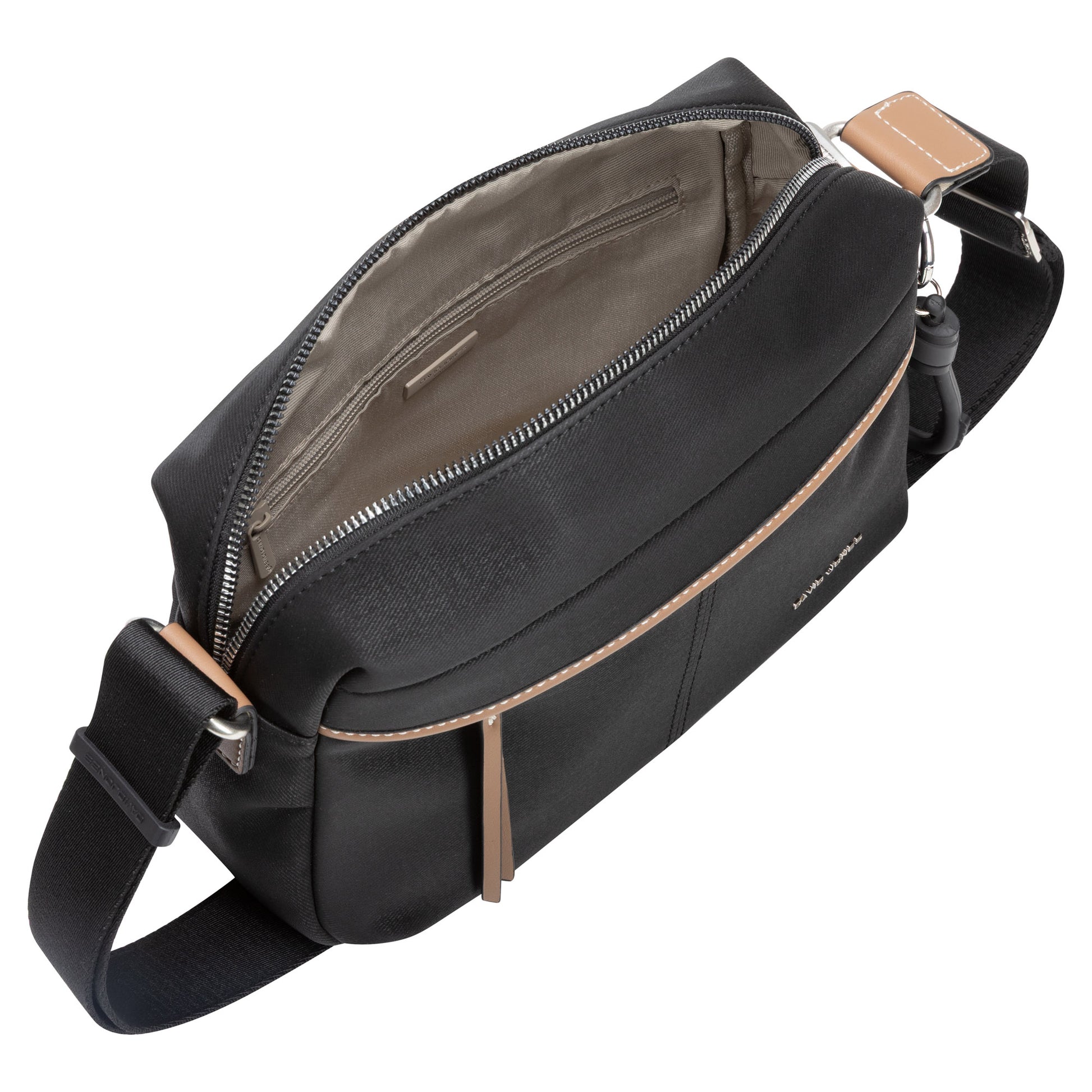David Jones Top Zip Shoulder Bag features a zippered main compartment, inner pocket, and adjustable strap.