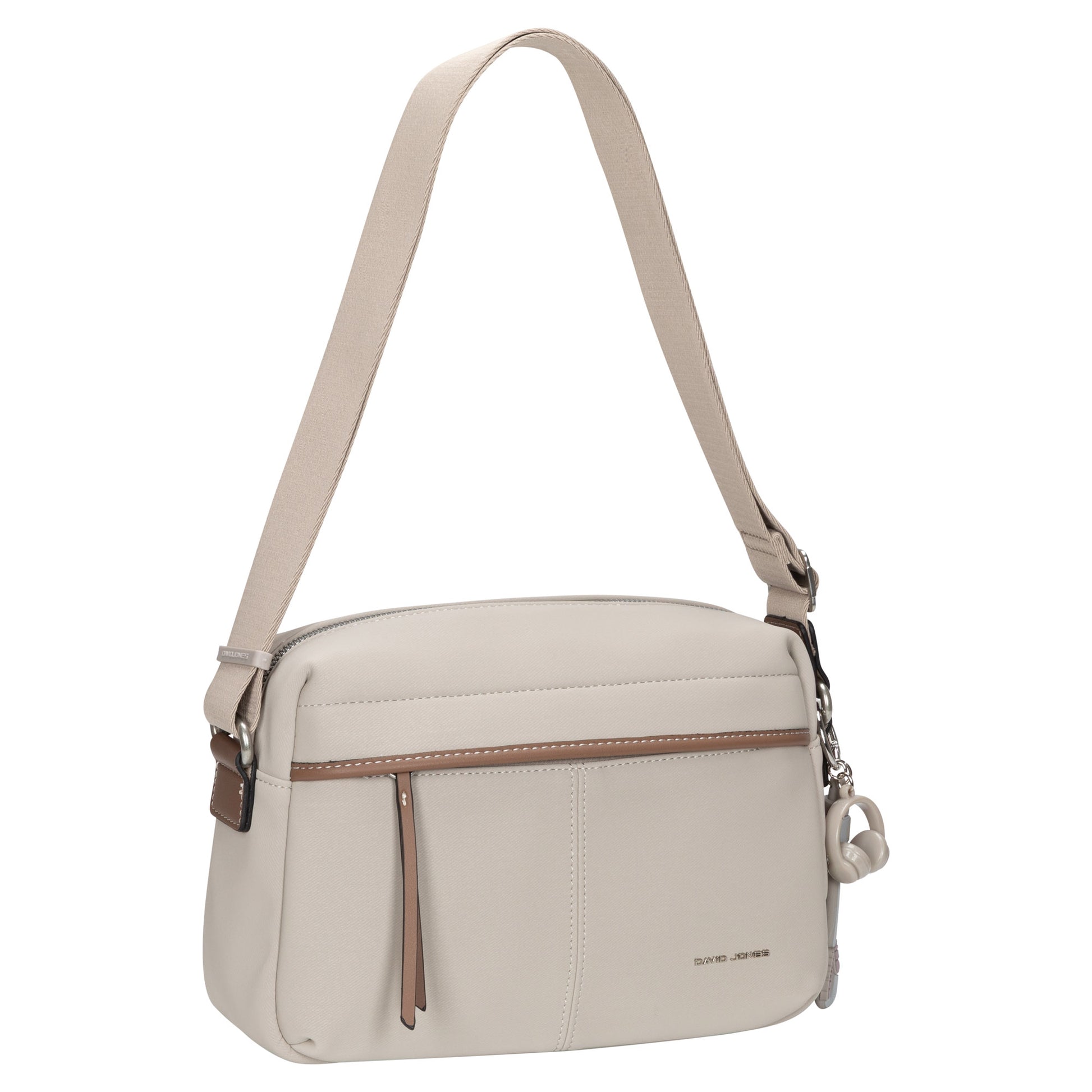 David Jones Top Zip Shoulder Bag in beige with wide strap, front zip pocket, and metallic logo detail.