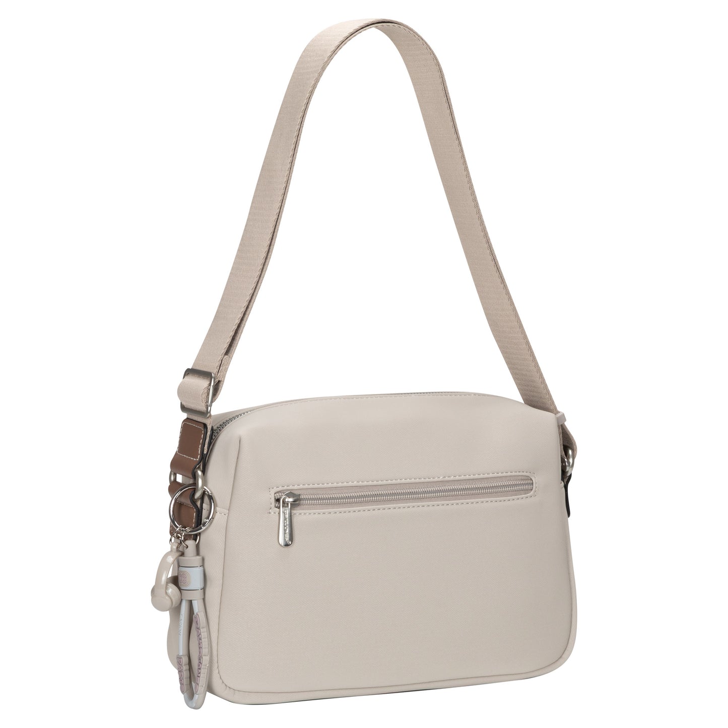 David Jones Top Zip Shoulder Bag in beige with front zip pocket and strap, displayed on a white background.