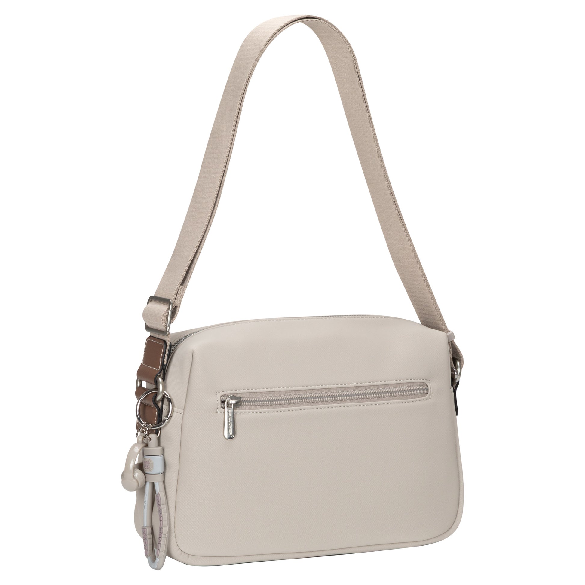 David Jones Top Zip Shoulder Bag in beige with front zip pocket and strap, displayed on a white background.