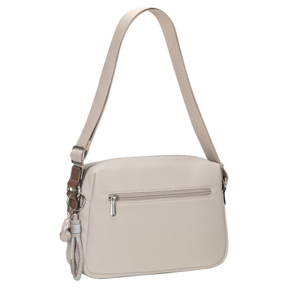 David Jones Top Zip Shoulder Bag in beige with front zip pocket and strap, displayed on a white background.