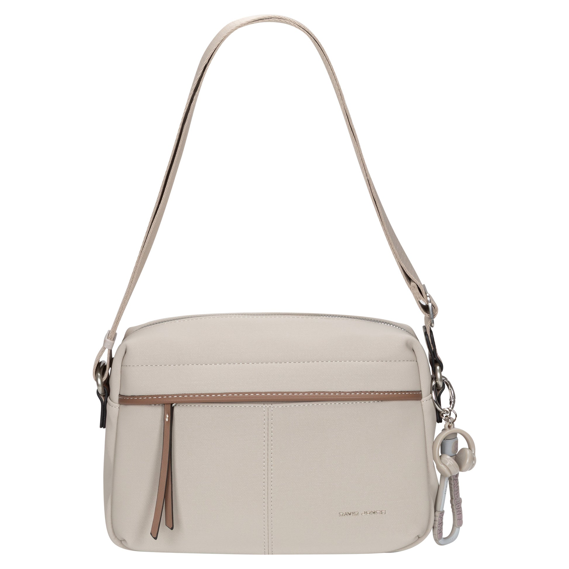 David Jones Top Zip Shoulder Bag in beige with front zipper pocket, brown accents, and knotted side strap.