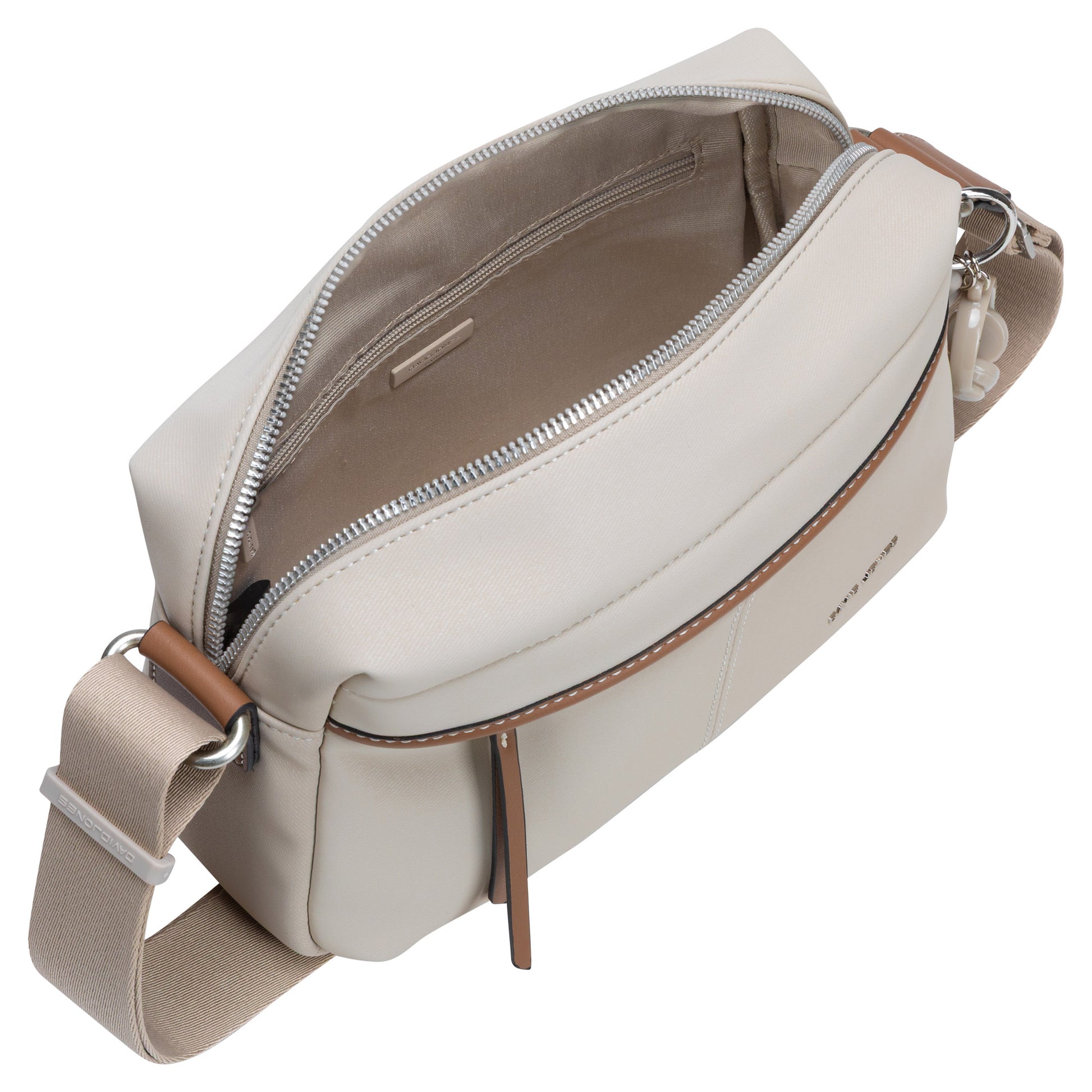 David Jones Top Zip Shoulder Bag in beige with zippered main compartment and inner pocket, top view shown.