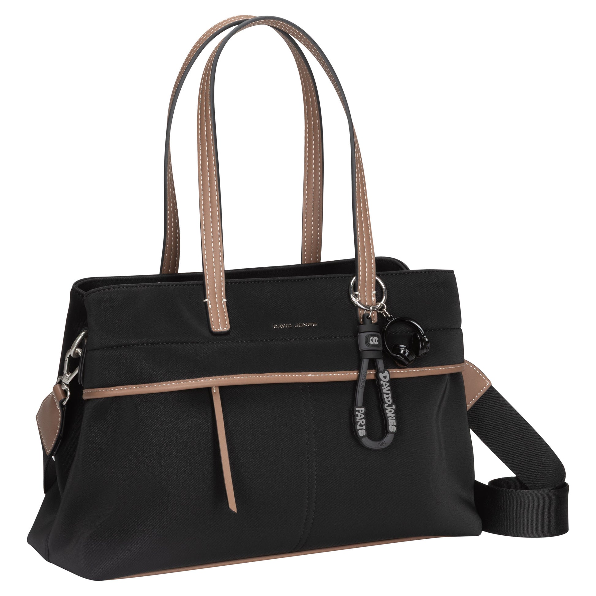 David Jones Satchel Handbag, black with tan trim, two handles, shoulder strap, and keychain accessory.