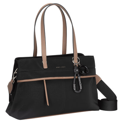 David Jones Satchel Handbag, black with tan trim, two handles, shoulder strap, and keychain accessory.