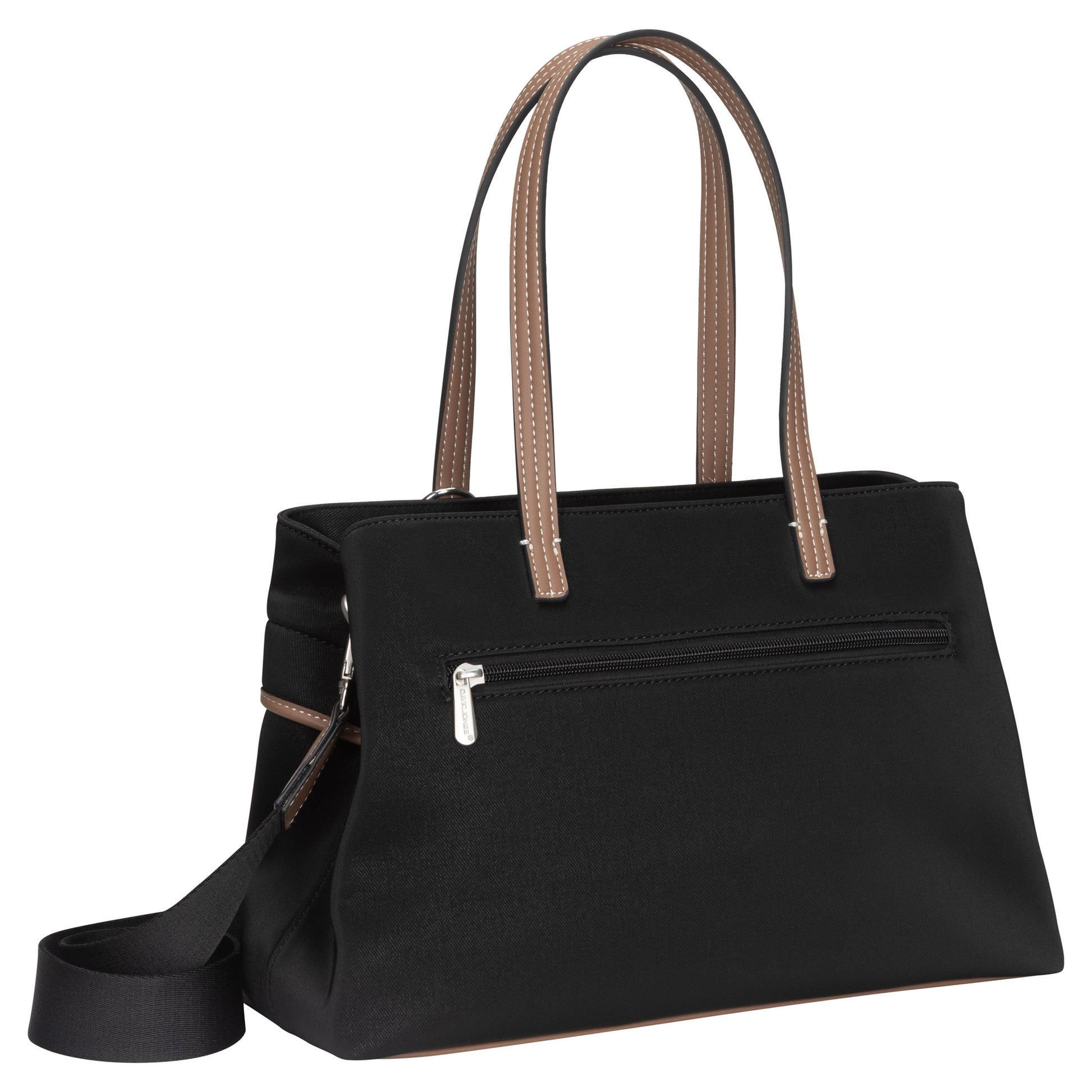 David Jones Satchel Handbag in black with tan handles, front zip pocket, and adjustable shoulder strap.