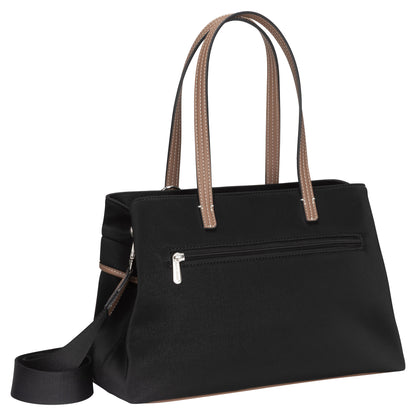 David Jones Satchel Handbag in black with tan handles, front zip pocket, and adjustable shoulder strap.
