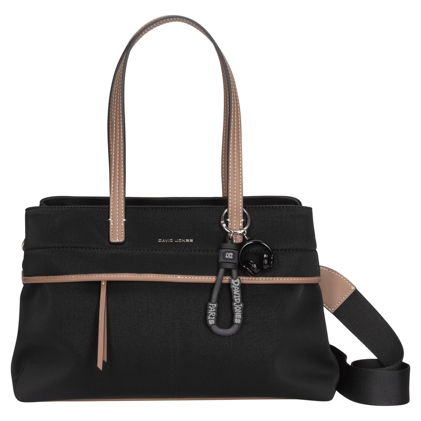 David Jones Satchel Handbag with tan handles, front zipper pocket & detachable strap.