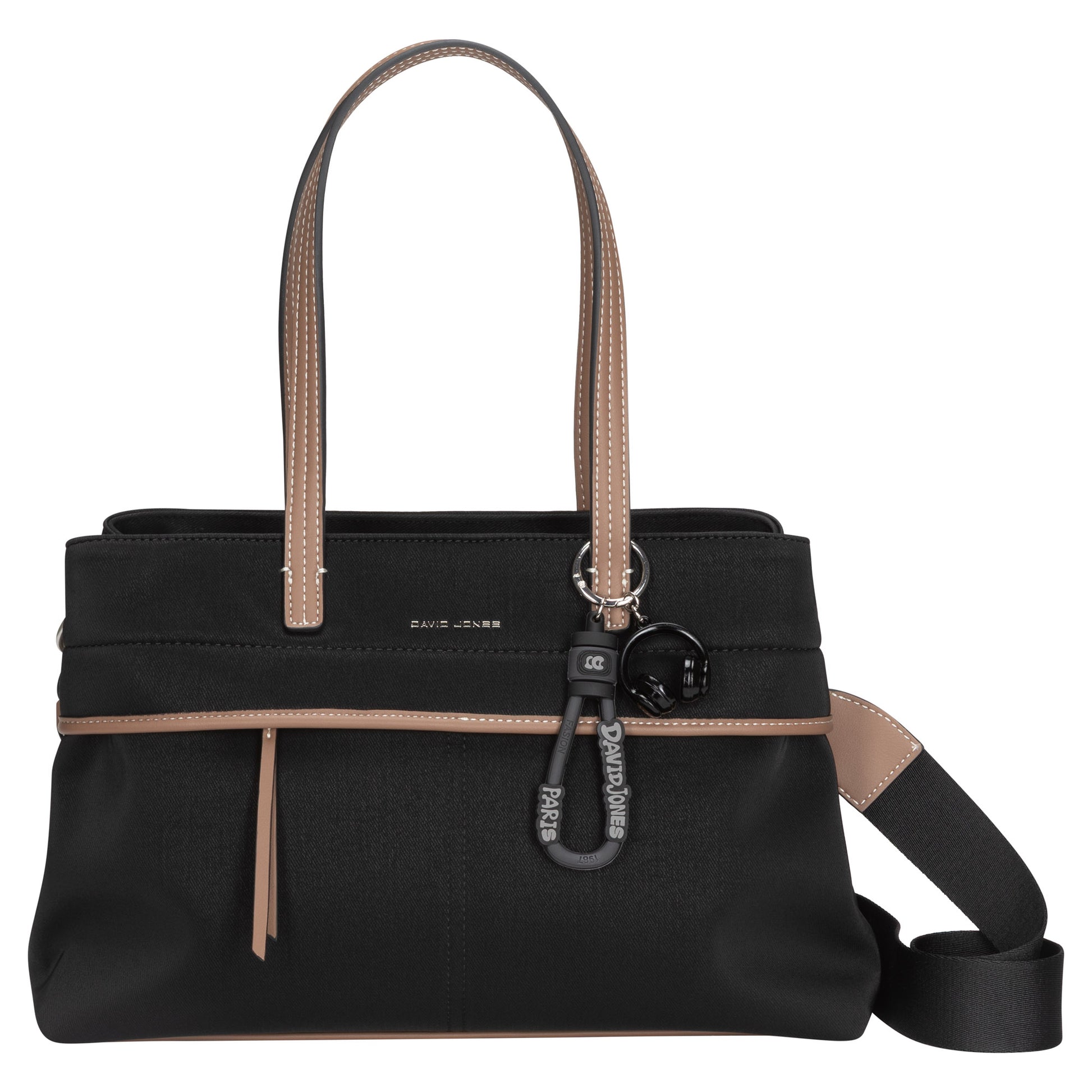 David Jones Satchel Handbag with tan handles, front zipper pocket & detachable strap.