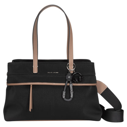 David Jones Satchel Handbag with tan handles, front zipper pocket & detachable strap.