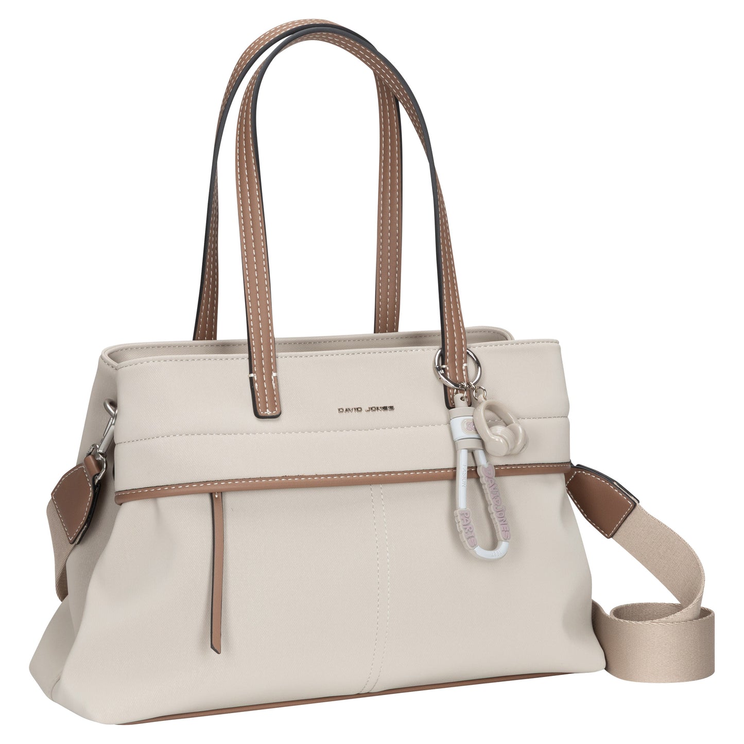David Jones Satchel Handbag in beige and brown with dual handles, shoulder strap, and white accessory.