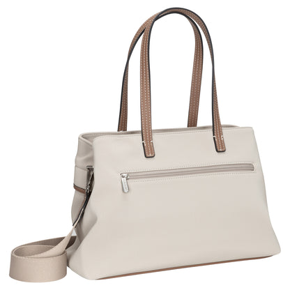 David Jones Satchel Handbag in beige with brown handles, front zipper pocket, and detachable shoulder strap.