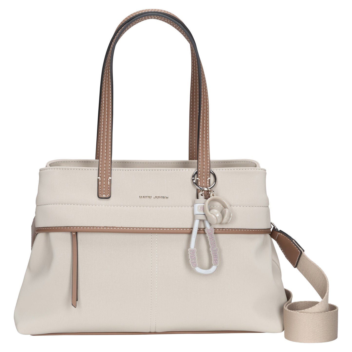 David Jones Satchel Handbag in beige with brown handles, detachable strap, and decorative keychain clip.