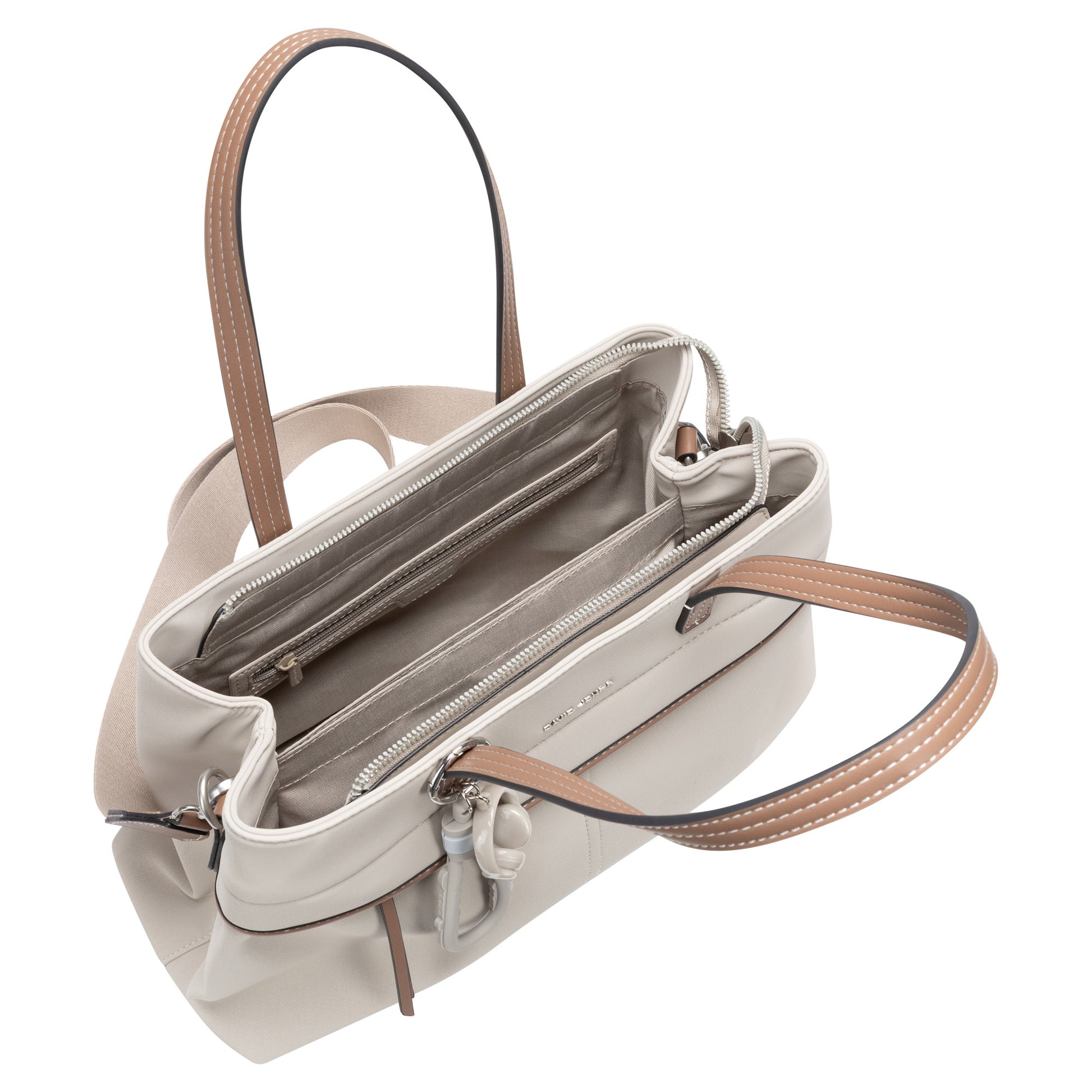 Top view of a David Jones Satchel Handbag with brown handles, interior compartments, and a zippered pocket.