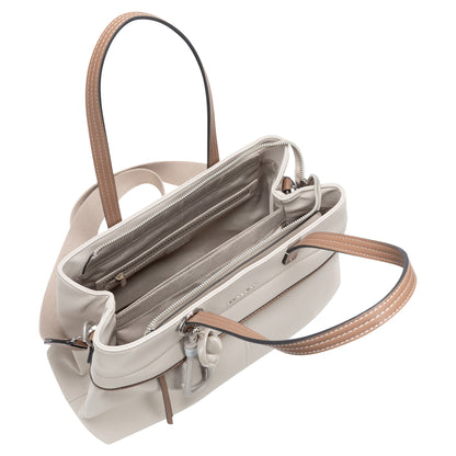 Top view of a David Jones Satchel Handbag with brown handles, interior compartments, and a zippered pocket.