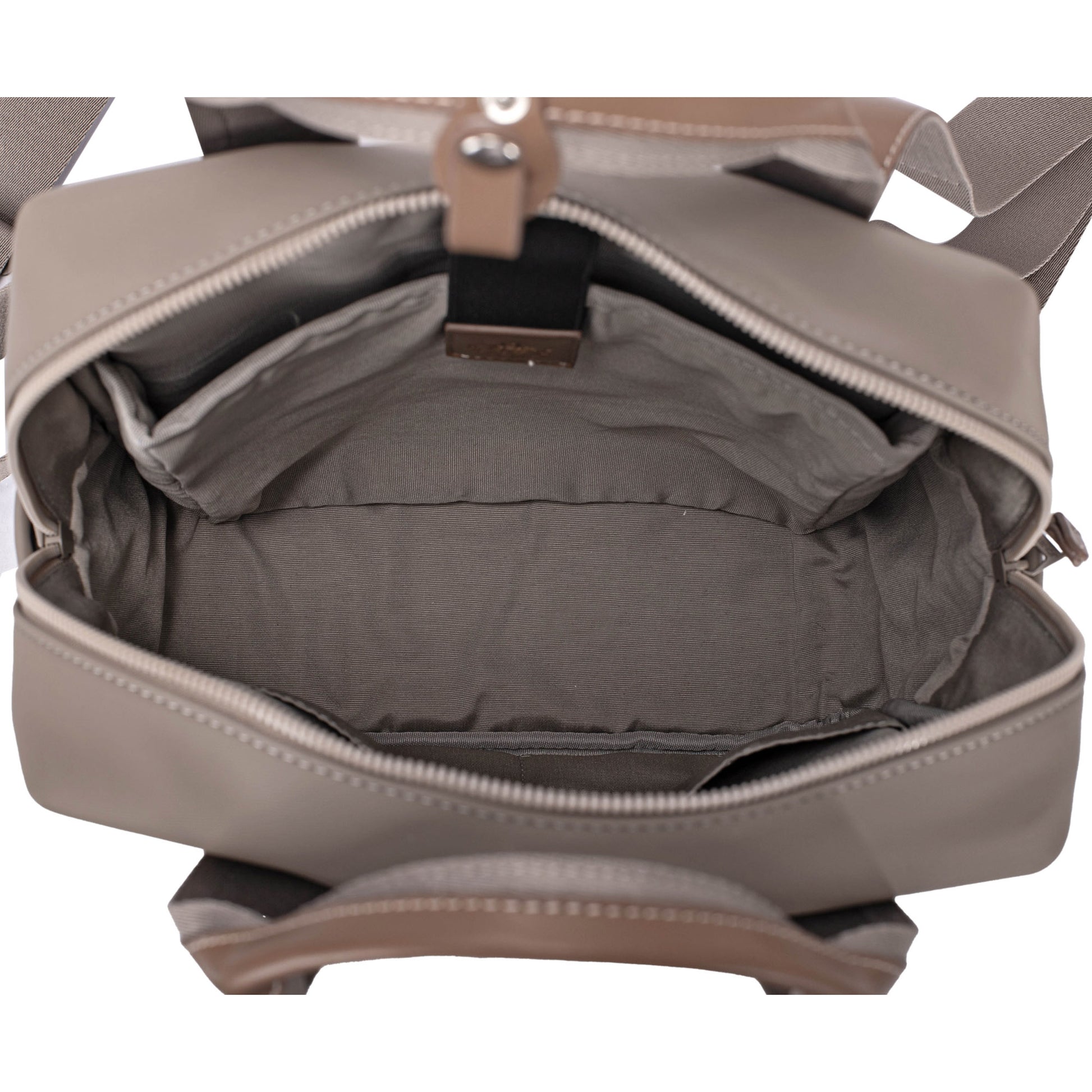 Top view of the David Jones Backpack With Laptop Compartment shows a roomy, fabric-lined interior and side pockets.