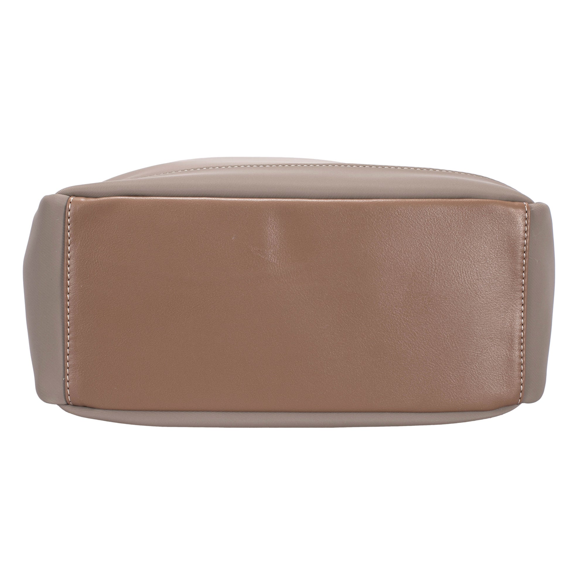 The bottom view of a beige David Jones Backpack With Laptop Compartment shows smooth texture and visible stitching.