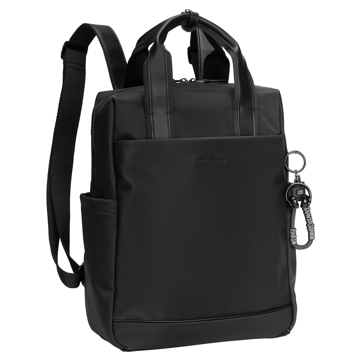 David Jones Backpack with laptop compartment, top handles, front zipper pocket, and keychain accessory.