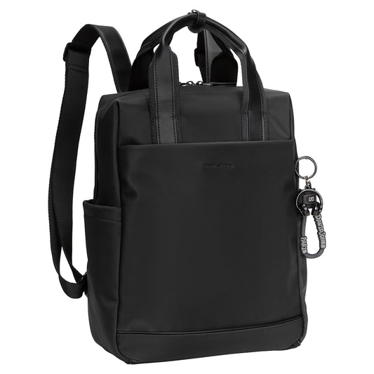 Product Image – David Jones Backpack with laptop compartment, top handles, front zipper pocket, and keychain accessory.