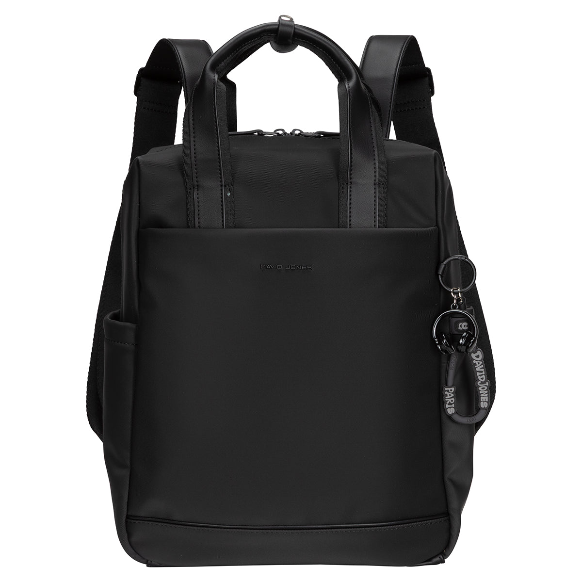 David Jones Backpack with laptop compartment, top handles, front pocket, and branded keychain.
