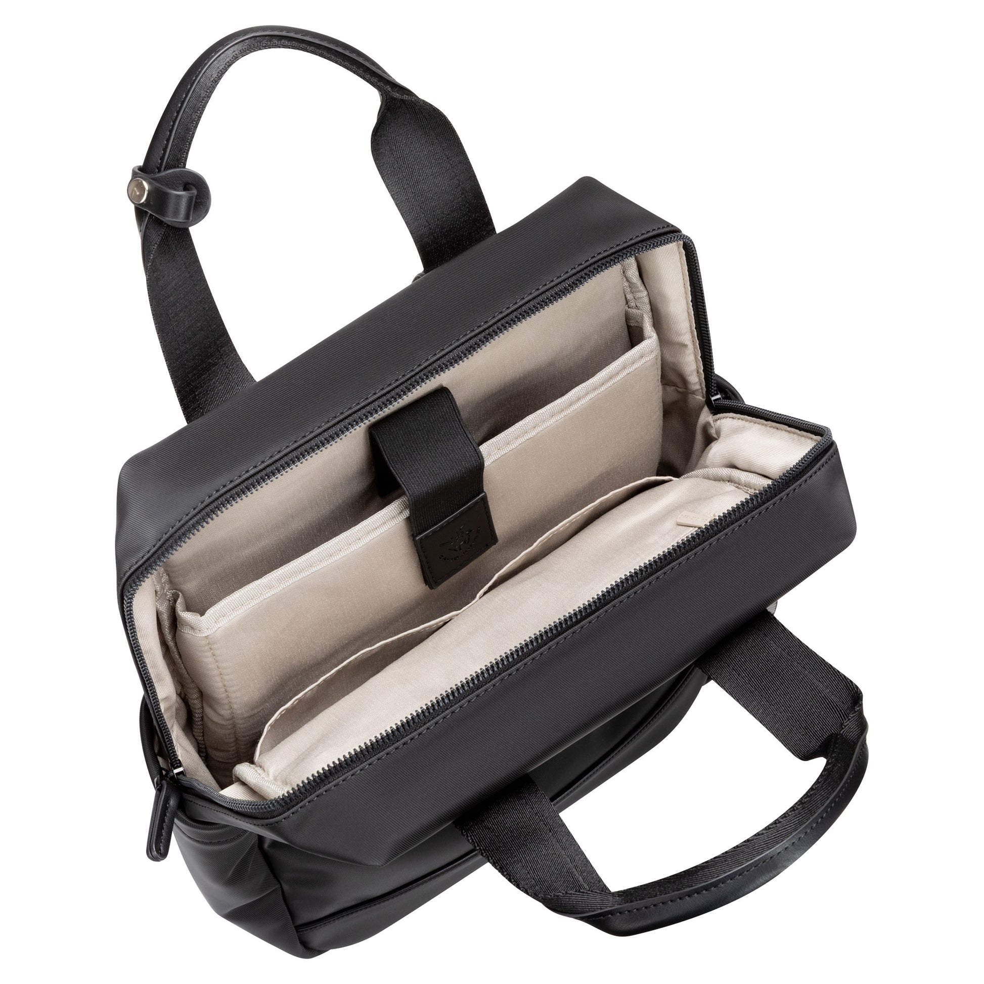 David Jones Backpack With Laptop Compartment, black leather with beige interior and padded laptop section.