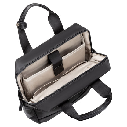 David Jones Backpack With Laptop Compartment, black leather with beige interior and padded laptop section.