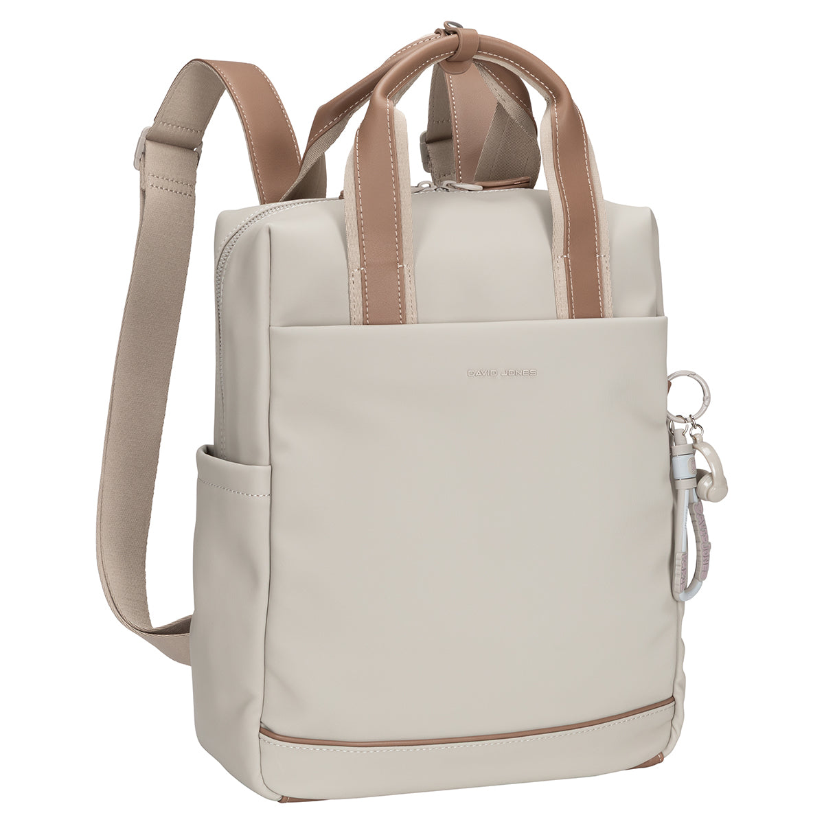 Beige David Jones Backpack With Laptop Compartment, top handles, side pocket, and keychain on white background.