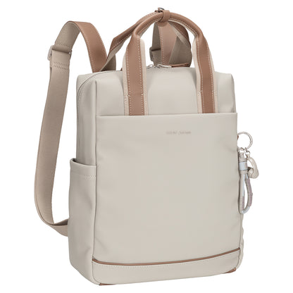 Beige David Jones Backpack With Laptop Compartment, top handles, side pocket, and keychain on white background.