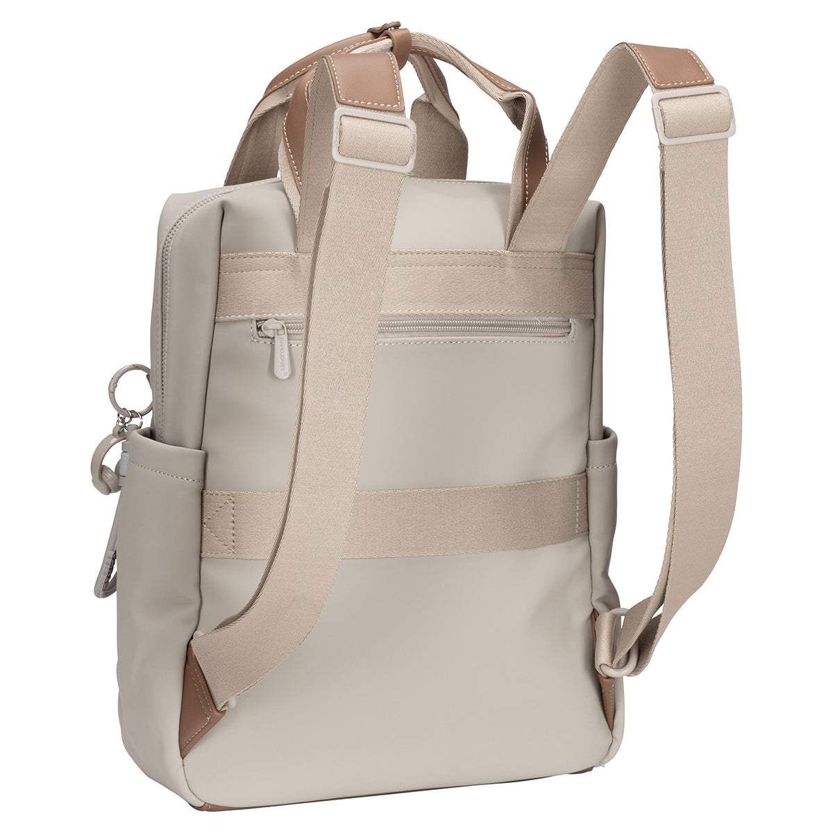 David Jones Backpack with laptop compartment, tan straps, side pockets, and back zip pocket on white background.