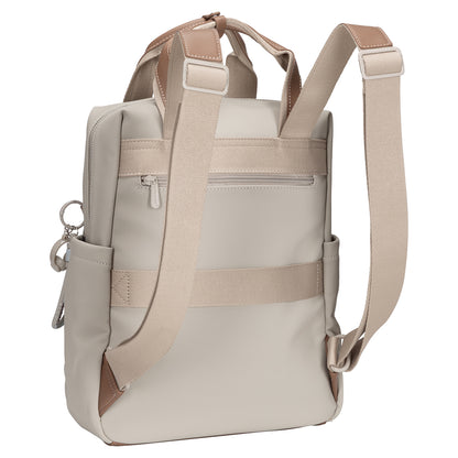 David Jones Backpack with laptop compartment, tan straps, side pockets, and back zip pocket on white background.