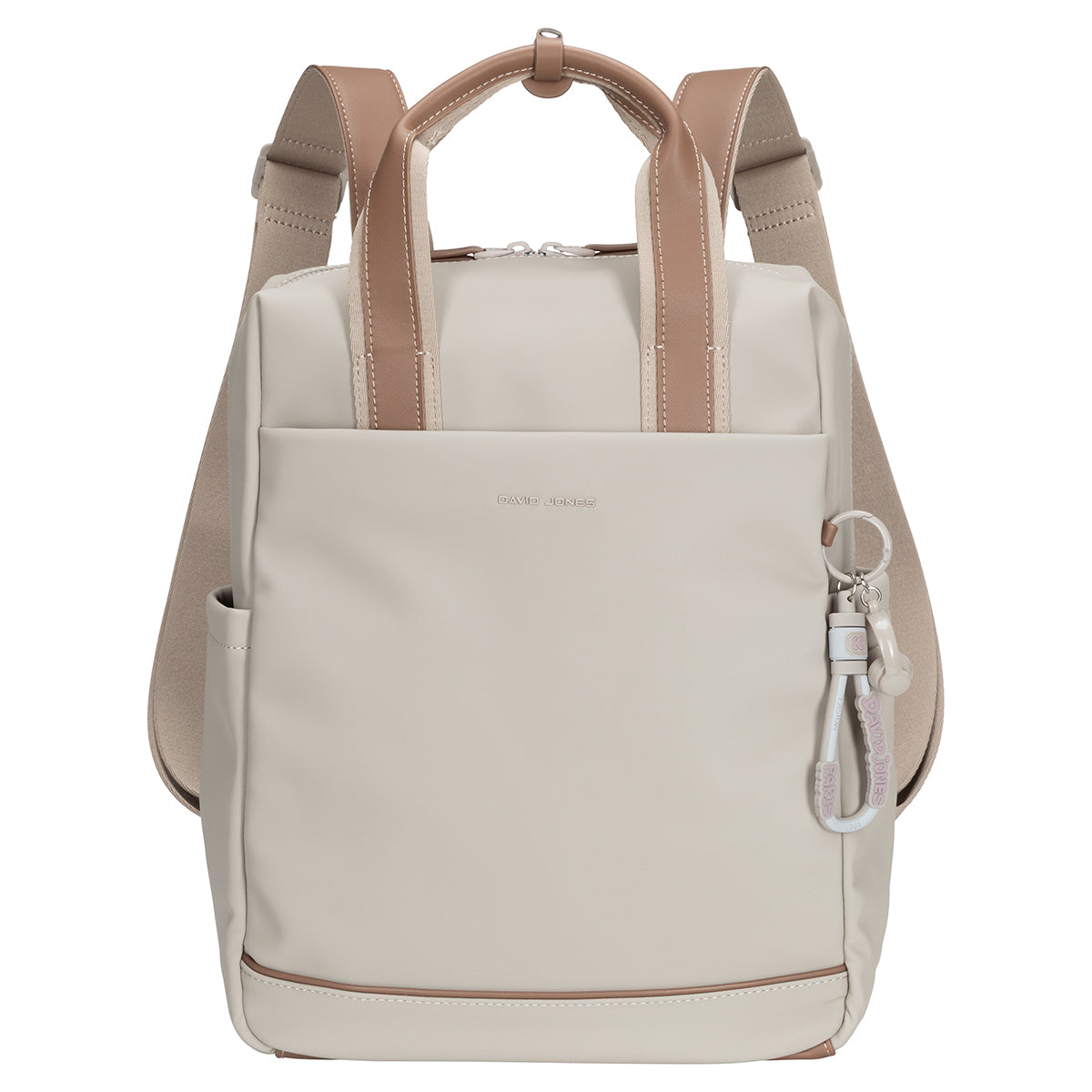 Cream and beige David Jones Backpack With Laptop Compartment, tan straps, front pocket, and side keychain.